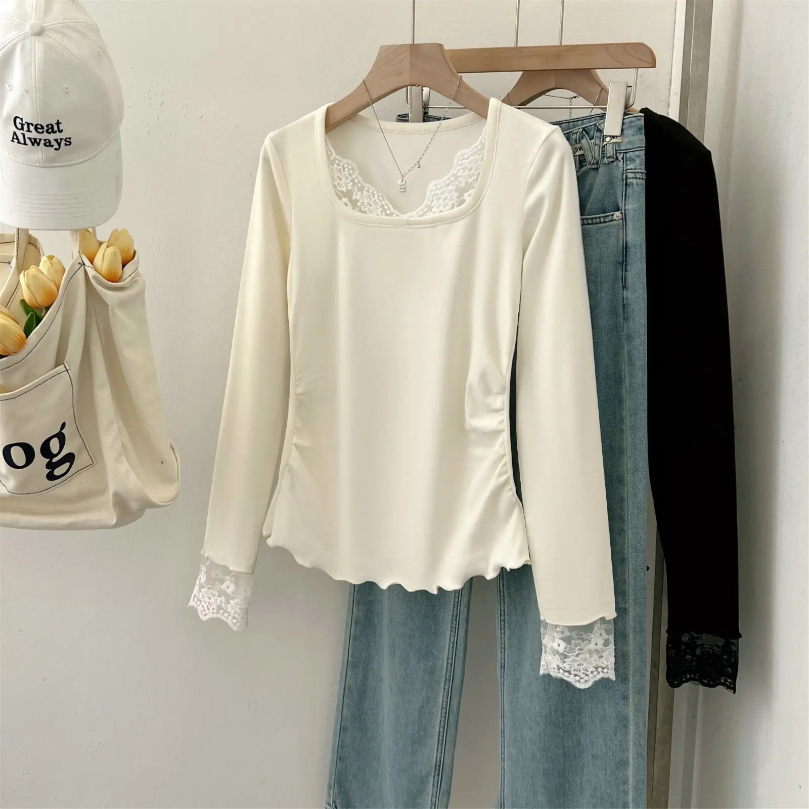 

Корейская женская футболка с длинным рукавом, облегающая, двухслойная, из вельвета, с кружевными вставками, осенне-зимняя, новый дизайн, топ