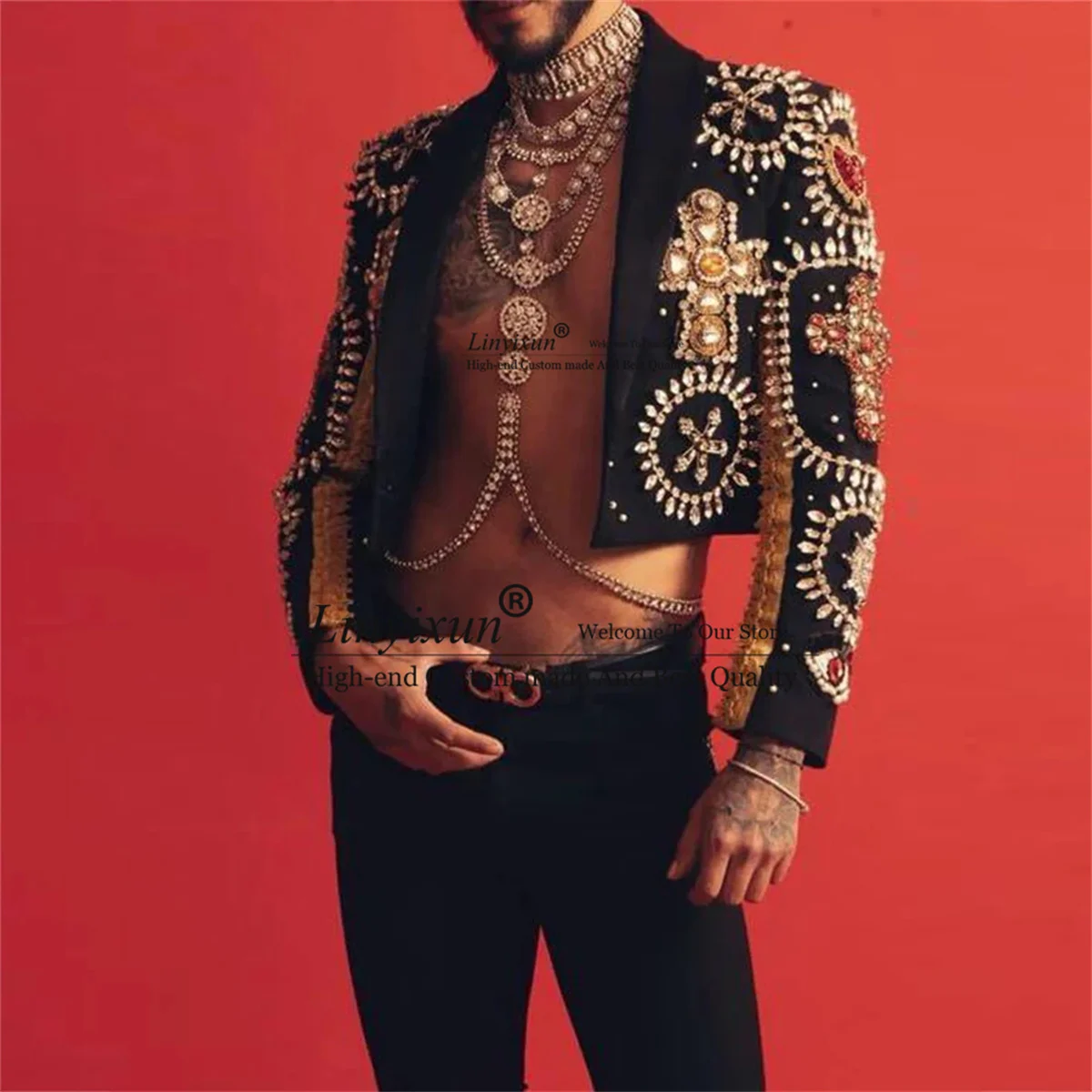 

Luxury Gem Crystal Men Suits Short Bespoke Shawl Lapel Groom Tuxedos 2 Pieces Wedding Male Prom Blazers Customized Custome Homme