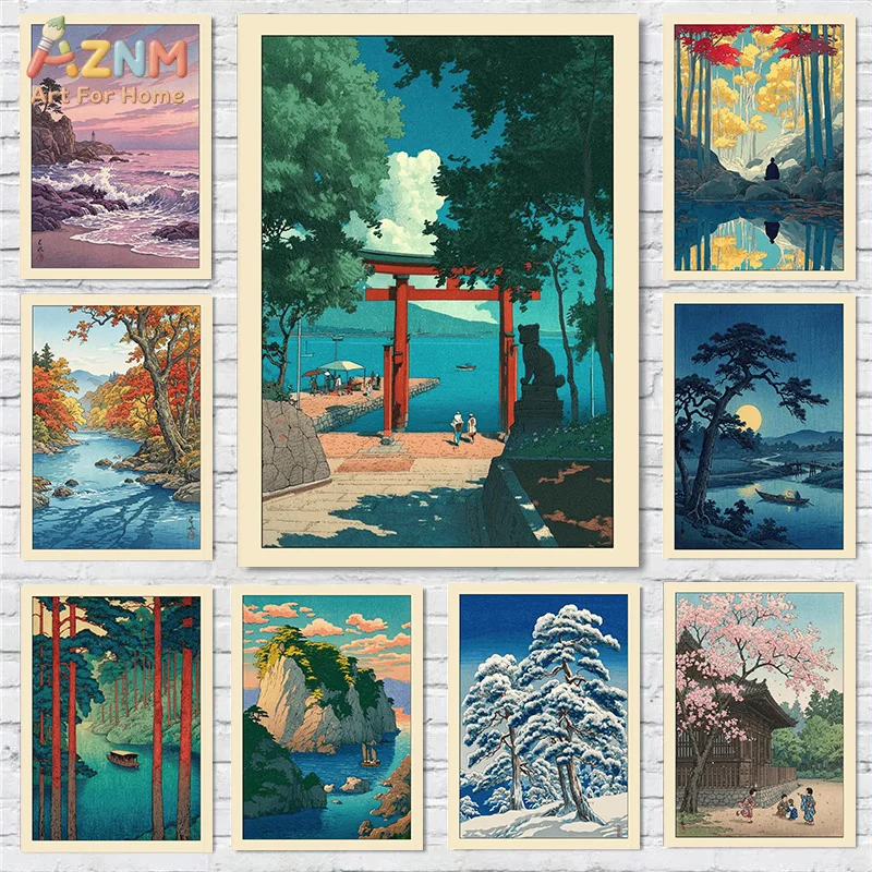 AZNM Japanese Ukiyo‑e Canvas Wall Art Torii Gate Ocean Mountain Cherry Blossom Vintage Landscape Print Frameless Canvas Painting