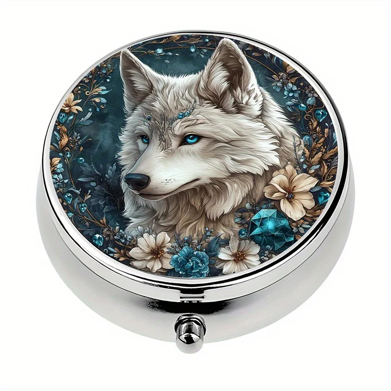 A cool-toned floral wreath and lone wolf pattern three-compartment portable box, a vitamin storage box, suitable for placing in a handbag, a small multi-functional metal pill box for jewelry storage, an essential travel organizer, a unique holiday choice. Flat print