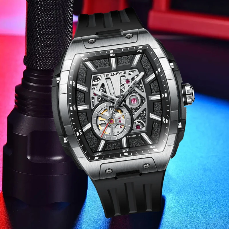 FeelNever Unique Design Mechanical Men Watches Square Casual Sport Fashion Hollow Luminous Automatic Waterproof Chronograph Gift view 4
