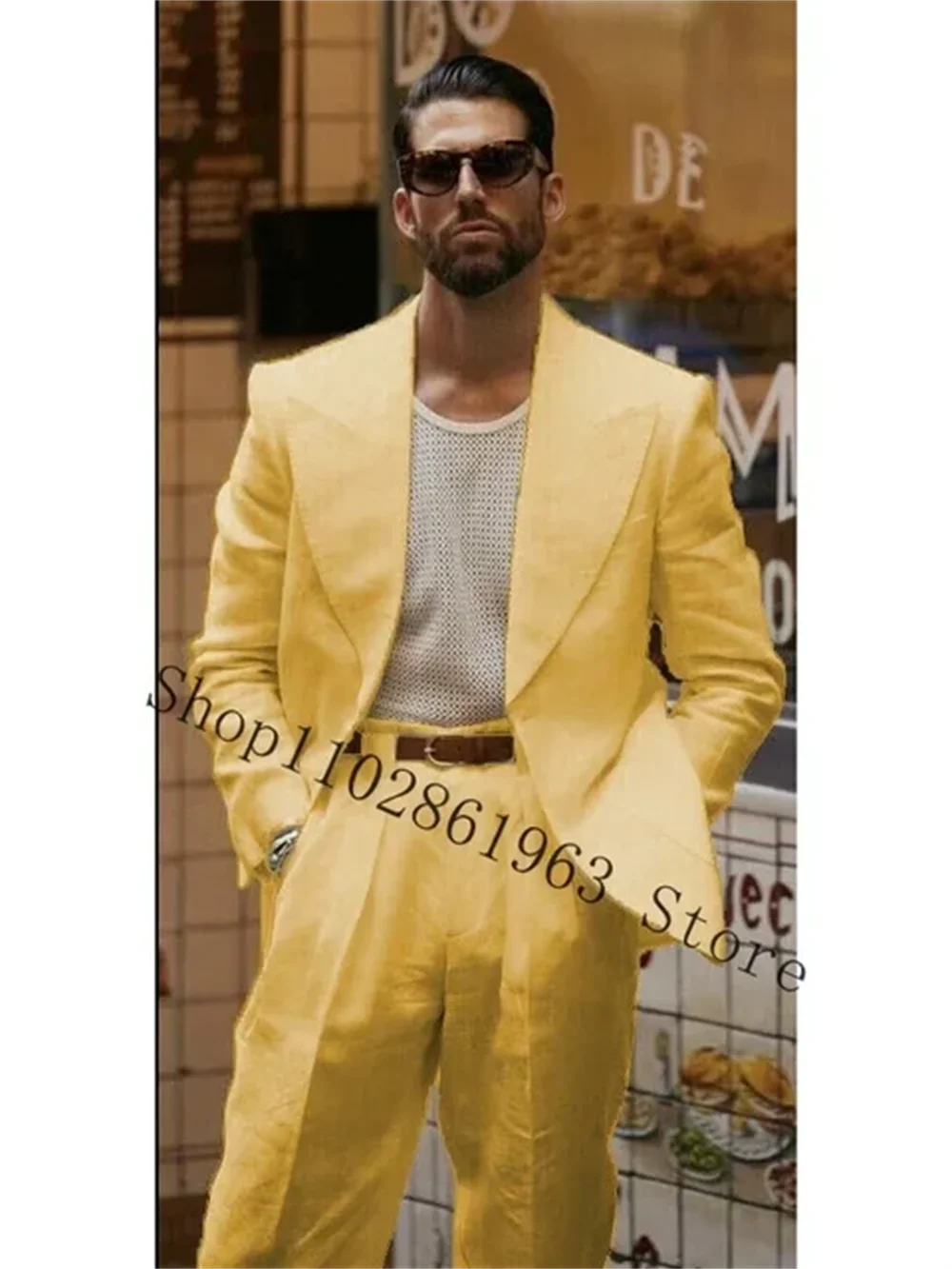 2 Piece High Quality Linen Men Suits Set Fashion Peak Lapel Wedding Groom Tuxedos Smart Casual (Blazer+Pants) Costume Homme