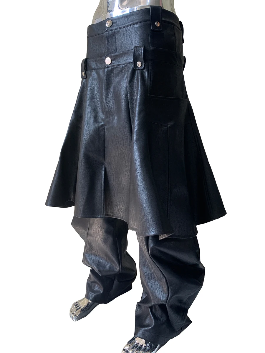 

Spring Autumn Black Pu Leather Wide Leg Cargo Pants Men with Detachable Skirt Luxury Fake 2 Piece Clothes Fashion Emo Streetwear