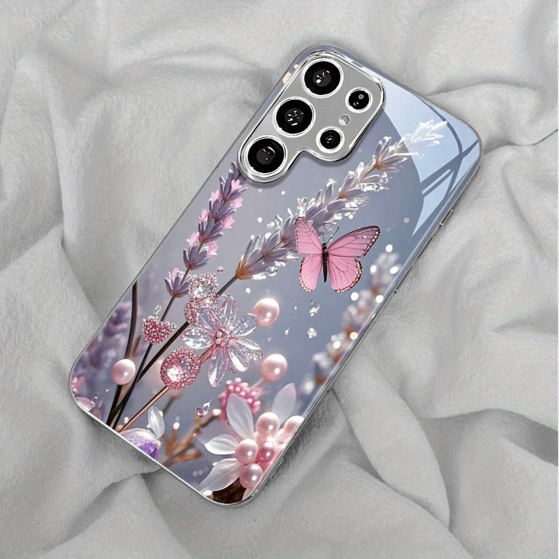 Fashion flower butterfly glass phone case suitable for Samsung Galaxy S26 S25 S24 S23 S22 S20 FE/Ultra/Plus anti fall back cover