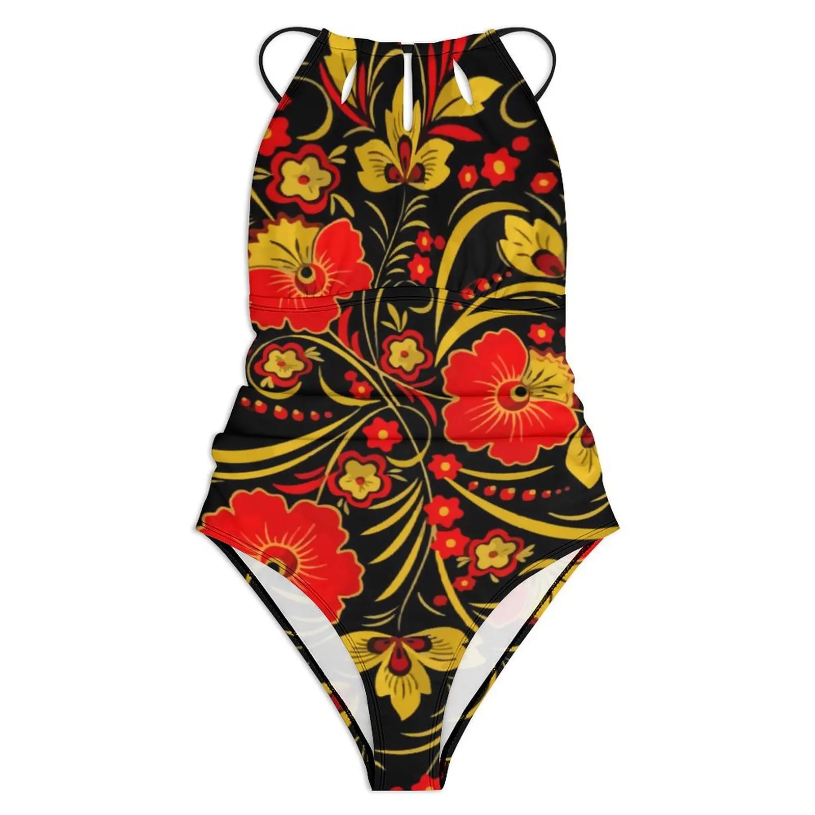 Russian Red Flower Swimsuit Retro Floral Swimwear One-Piece Fitness Swimsuits Cut Out Bathing Suit Women Push Up Sexy Beachwear