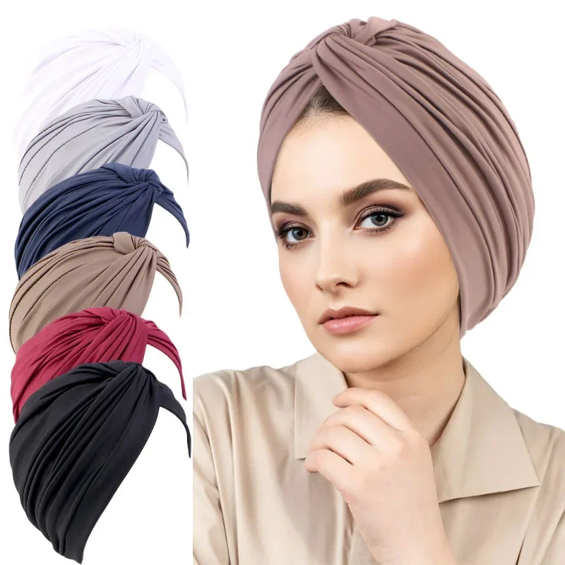 

Muslim Inner Hijab Pleated Cross Twist Turban Indian Hats Headscarf Beanies Bonnet Women Chemo Cap Bandana Hair Loss Head Wrap