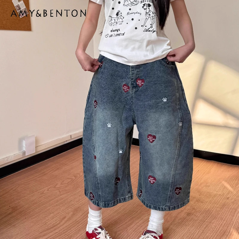 

American Retro Love Animal Footprint Embroidered Women's Pants Summer Design Loose Scimitar Thin Versatile Jeans Capris Ladies