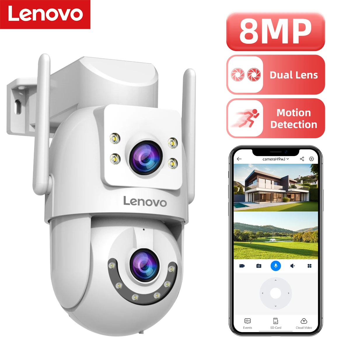 Lenovo WiFi PTZ Security Camera 8MP With Dual Screen Color Night Vision Outdoor Surveillance CCTV Camera Auto Tracking IP Camera