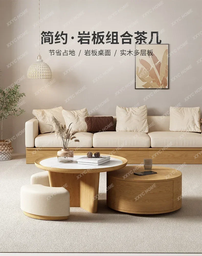 Nordic solid wood small apartment simple modern rock slab round tea table combination