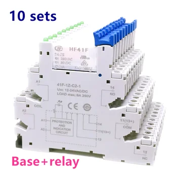 10pcs HF41F 5 12 24-ZS HF41F-12-ZS HF41F-24-ZS fast wiring plate black red 41F-1Z-C2-1 6A 1CO slim relay screw socket on mount