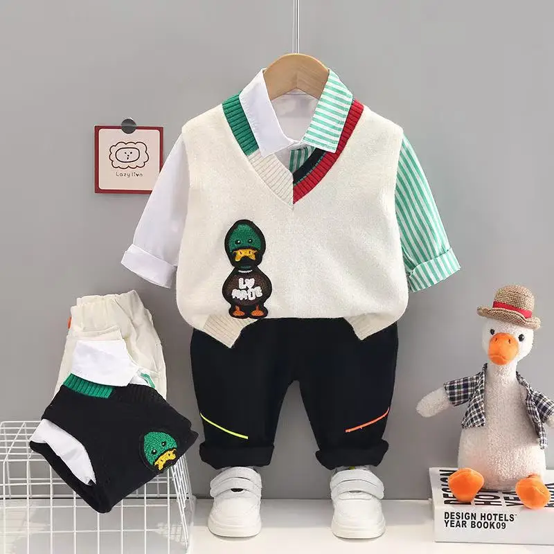 Children's Spring and Autumn Set Boys' Duck Knitted Vest Sweater+Color blocked Shirt+Pants 3-Piece Set Boys' and Girls' Baby