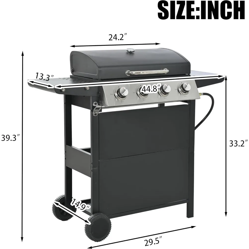 4 Burner BBQ Propane Gas Grill, Freestanding Grill Cart with Wheels, Stainless Steel Heavy-Duty Cabinet Style, Outdoor BBQ Grill