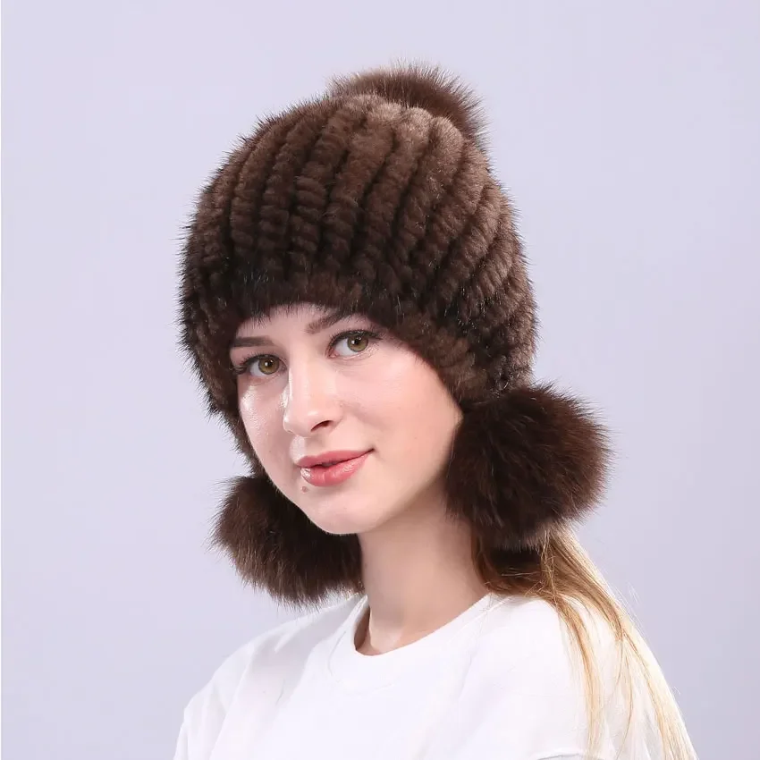 

Real Mink Fur Hat with Fox Fur Ball Earmuffs Protective Cap Winter Hat for Women Russian Trapper Autumn Hat Beanie Fall Bonnet