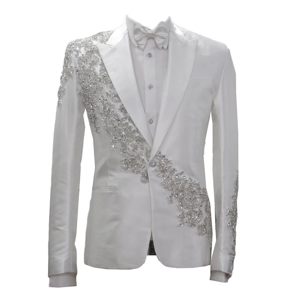 

White Mens Suit Gentlemen Suit Slim Fit 2 Piece Jacket Pants Beaded Diamonds Customized Wedding Formal Occasions Groom Tuxedo