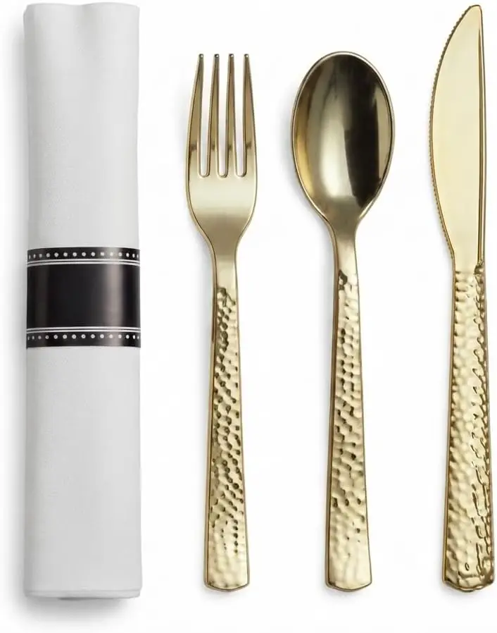 Hammered Gold Plastic Cutlery Set with Pre-Rolled White Linen-Feel Napkins, 18 x 15.5 Inch, Heavy Weight, 100 Count Case for Wed