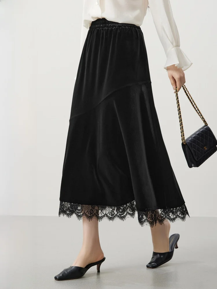 

Ele Bla Lace Trim Velvet Skirt Women's Elastic Waist Skirt Spring 2026 Faion Polyester Fiber A-Line Skirt