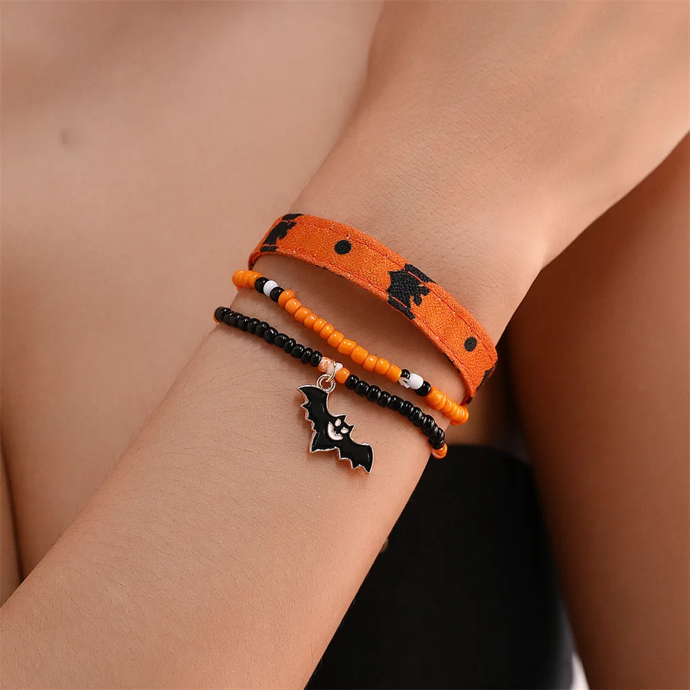 2/3/4Pcs Classic Halloween Bead Metal Leather Pumpkin Bat Ghost Bracelet For Women Unisex Casual Party Bracelet Jewelry Gifts