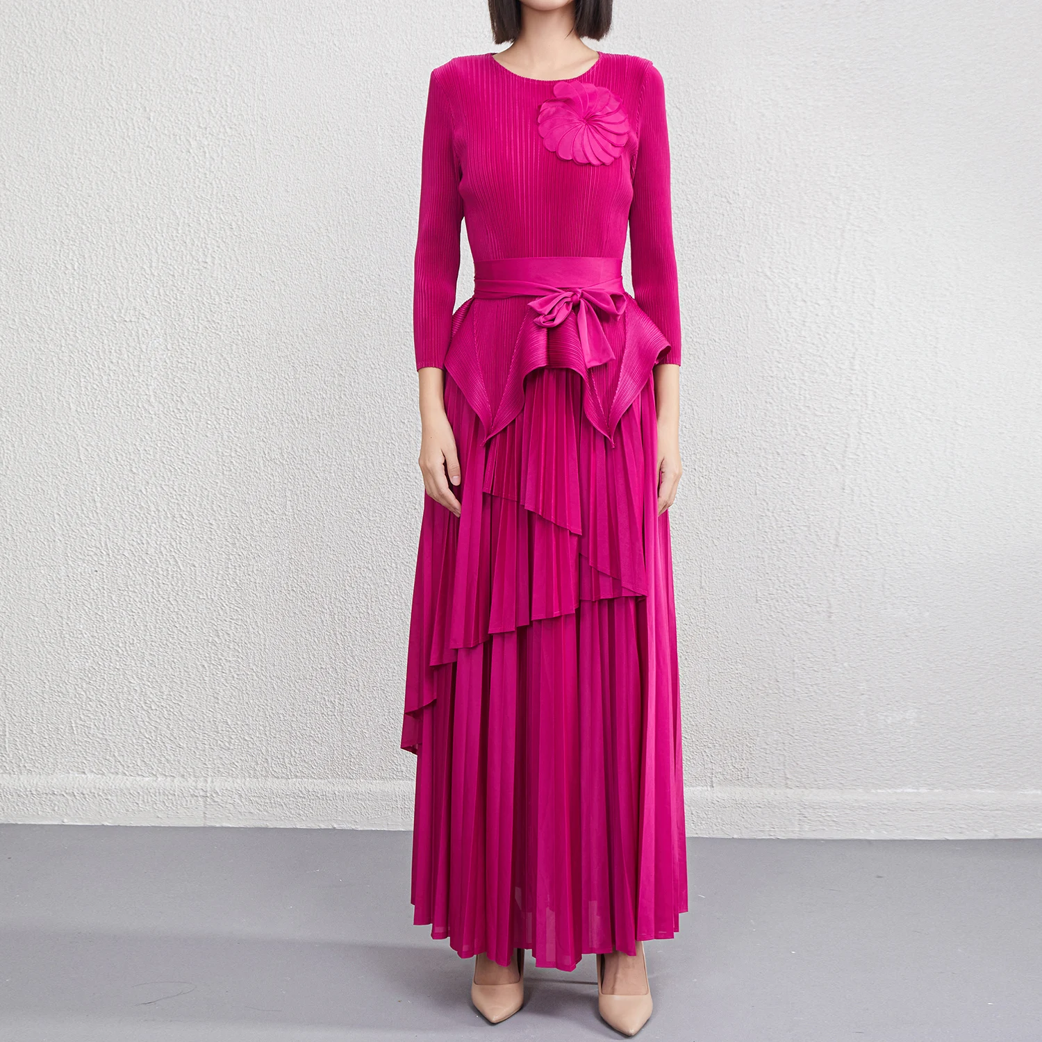 

Polyester Fabric Miyake Pleated Irregular Long Sleeve Dress Long Swing Skirt Evening Dress Casual Two-Piece Set Women Dress