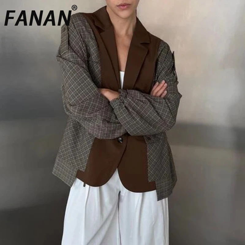 

FANAN High End Spliced Design Contrast Color Blazers For Women Drawstring Gathered Waist Fit Jackets Office Lady Coats 2025 New