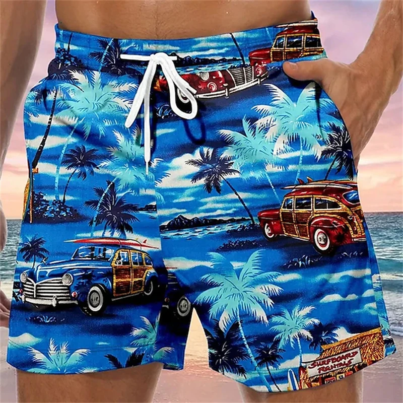 Vintage Car 3D Printed Mens Beach Shorts Woman Breathable Quick Dry Short Pants Fashion Coconut Tree Graphic Hawaii Swimsuit