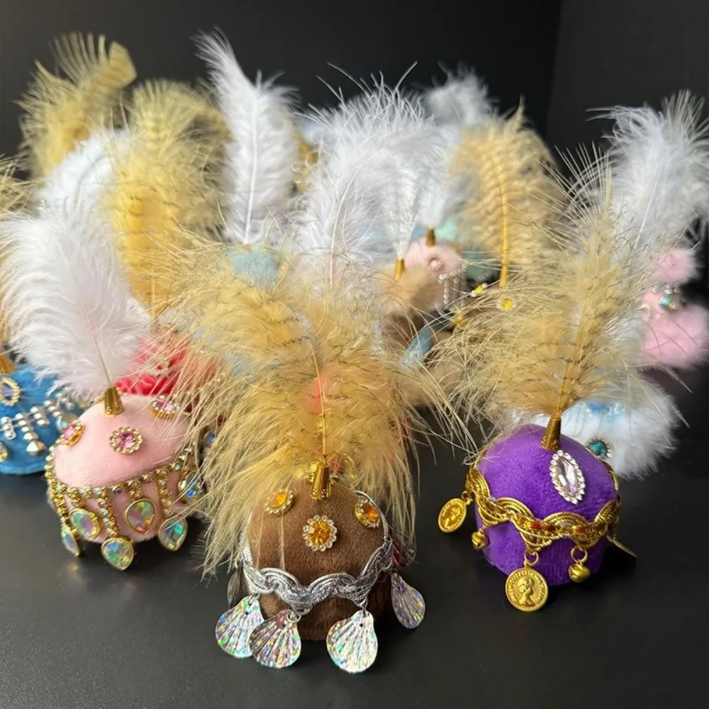 Mini Mini Pointed Hat for Head Circumference 5-7cm Rhinestone Thnic Decorative Hat Pointed Feather Hat Xinjiang Travel Souvenir