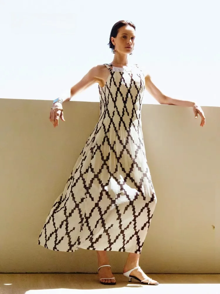 

Ele Vintage Diamond Pleated Women's Dr Edition Spring New Sle Strapl Long Skirt Polyester Fiber No Sve