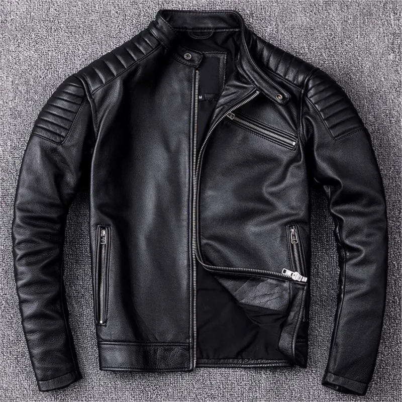 

Top-grain cowhide leather for men stand-up collar motorcycle