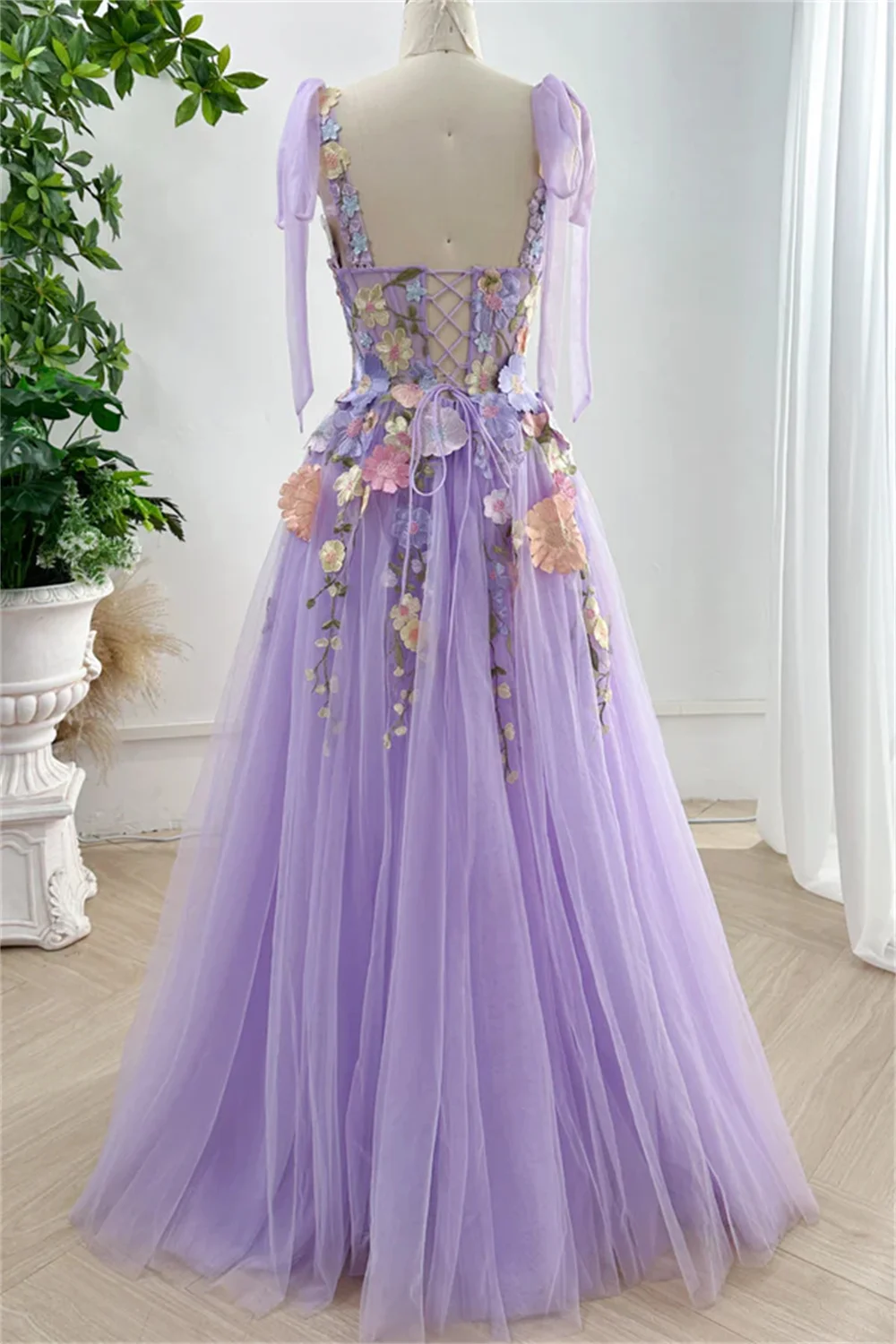 Annie Princess Embroidered Florals Prom Dresses Spaghetti Straps In Tulle Lavender Purple Evening Dresses Vestidos De Fiesta