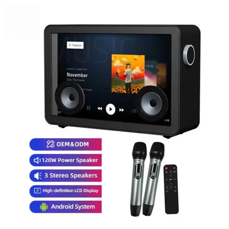 

Portable 120W Smart Karaoke Portable Speaker 2 Wireless Microphones 19.5" Touch Screen Bluetooth Lyrics Display Party Speaker