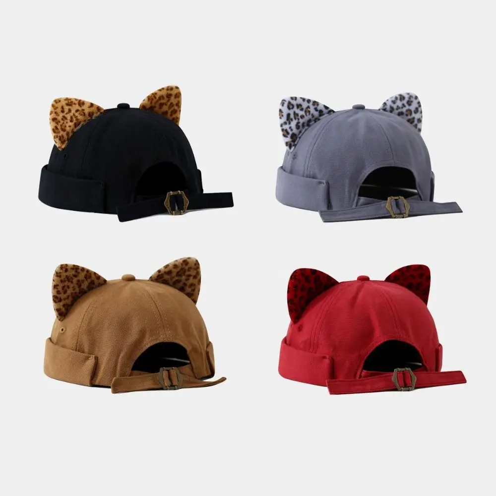 Retro Style Leopard Print Cat Ears Brimless Hat Adjustable Solid Color Cat-eared Hat Rolled Cuff Docker Cap Outdoor