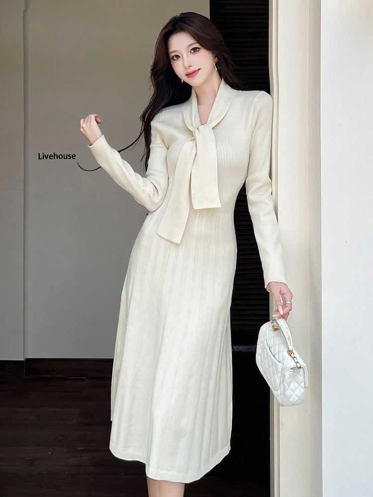 

Женская уличная одежда, свитер, повседневное вязаное однотонное платье трапециевидной формы на шнуровке с v-образным вырезом, элегантное женское платье, осень-зима, новинка