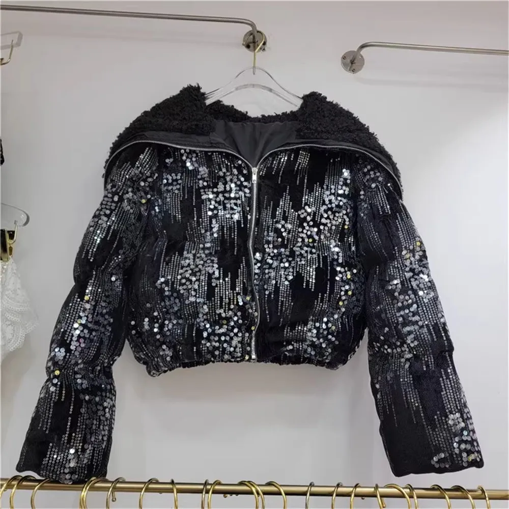 

2023 Winter New Fashion Sailor Collar Sequins Decoration Velvet Short Cotton Coat Women Thickened Warm Padded Jacket Y4694