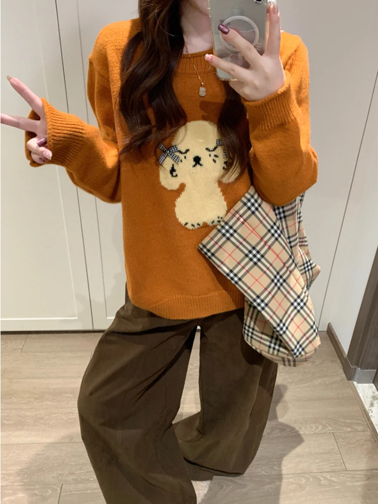 

Casual Loose Women's Knitted Long Sve Dog Pattern Sweater Autumn Winter Chic Trendy Faion Comfortable Versatile Design