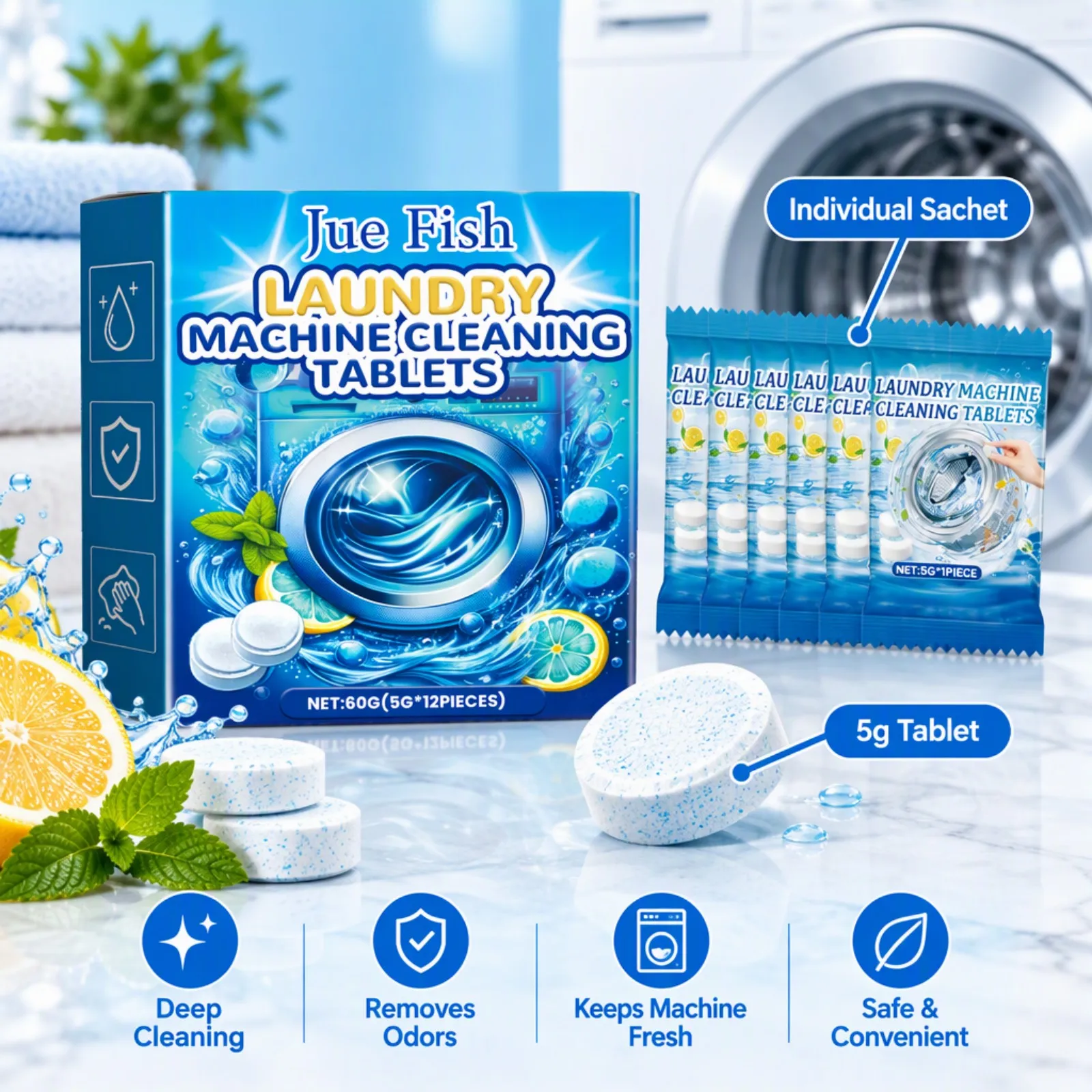 Washing Machine Cleaning Tablets 12PCS Effervescent Deep Cleaning Remove Odor No Residue for Laundry Drum Household Care