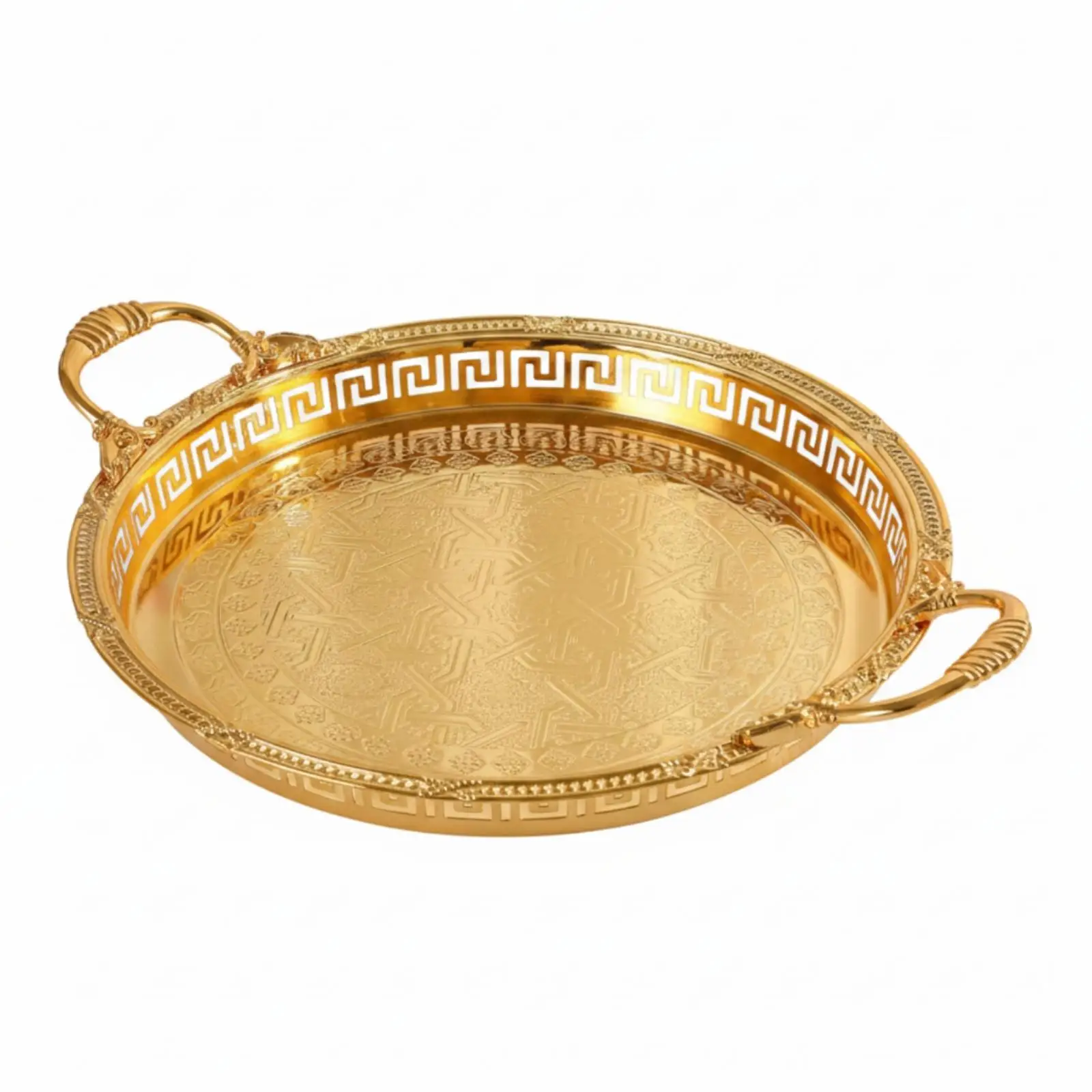 Shiny Embossed Dessert Serving Tray with Dual Handles Vintage Decorative Tray for Buffet or Afternoon Tea