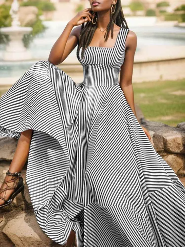 

ZANZEA Beach Tank Sleeveless Maxi Dress 2024 Summer Holiday Striped Print Robe France Women Elegant Longue Party Dress Sundress