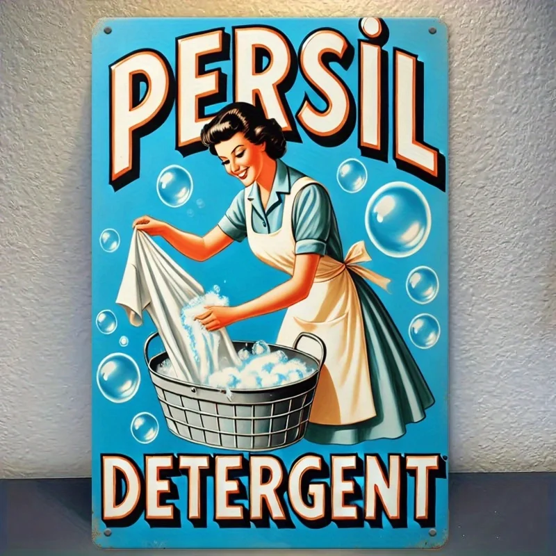 A Tin Sign Featuring Classic Persil Laundry Powder Theme, Showcasing Vintage Housewife And Scenes. It'S Perfect for Decorating 