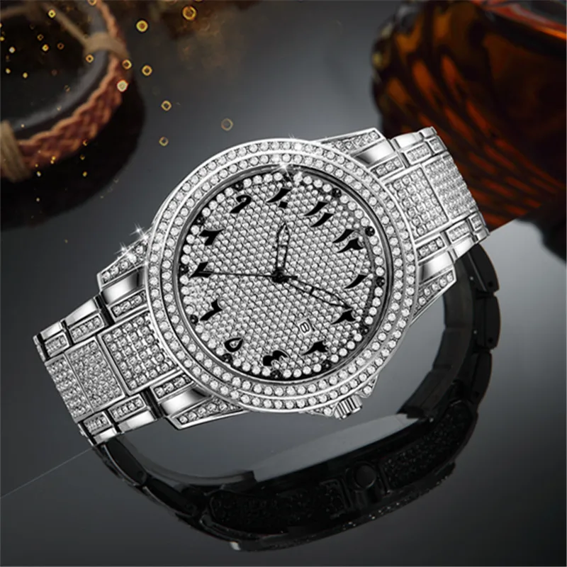 Big Brand Watches For Men Fashion Alloy Band Hip Hop Diamond Golden Luxury Date Quartz Vintage Watch Montres de Marque de Luxe