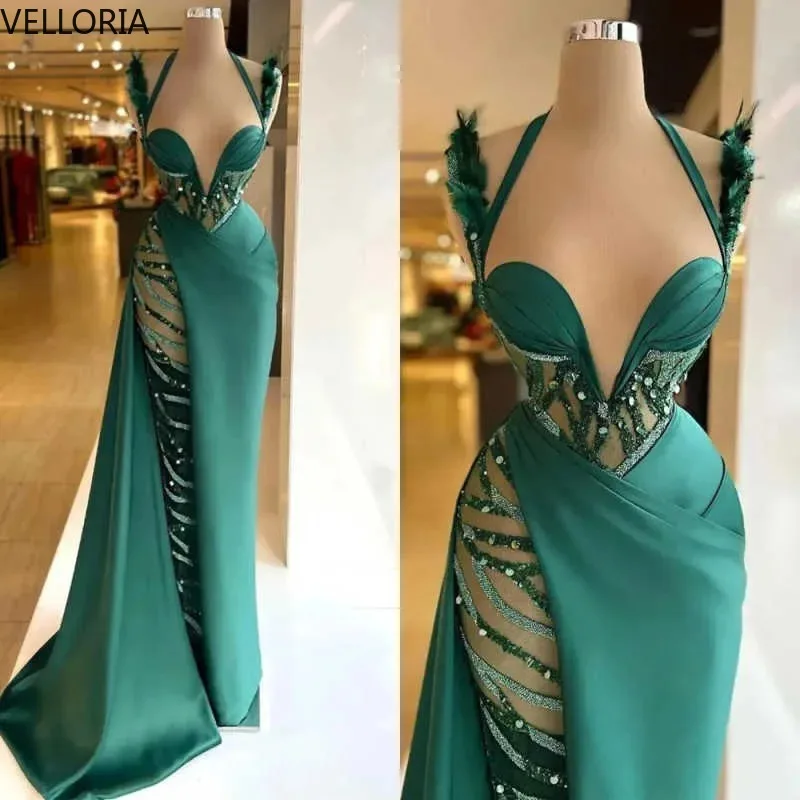 Luxe galajurken halternek mouwloos vloerlengte zeemeermin avondjurken kralen formele feestjurken op maat