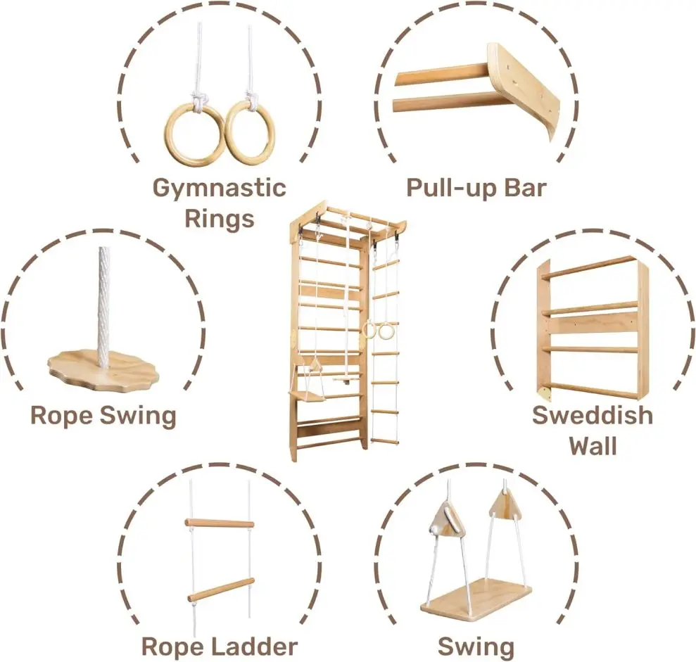 إطار تسلق الجدار السويدي من WoodVille - مجموعة صالة الألعاب الرياضية متعددة الوظائف للأطفال مع جدار صخري وسلم حبل (العمر 3-12، EN71/ASTM معتمدة