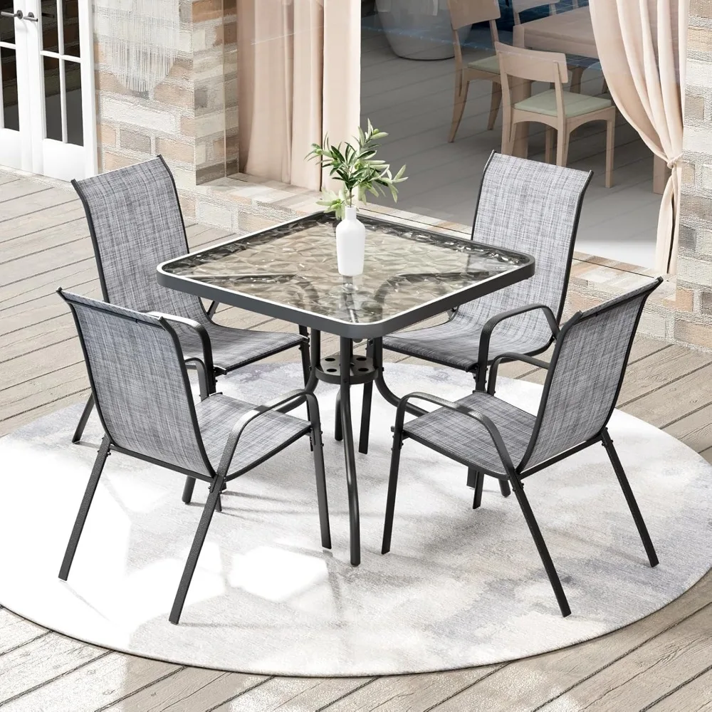 

5-Piece Outdoor Patio Dining Table and Chair Set, Porch Furniture, with 4 Textline Chairs and 1 Square Glass Table