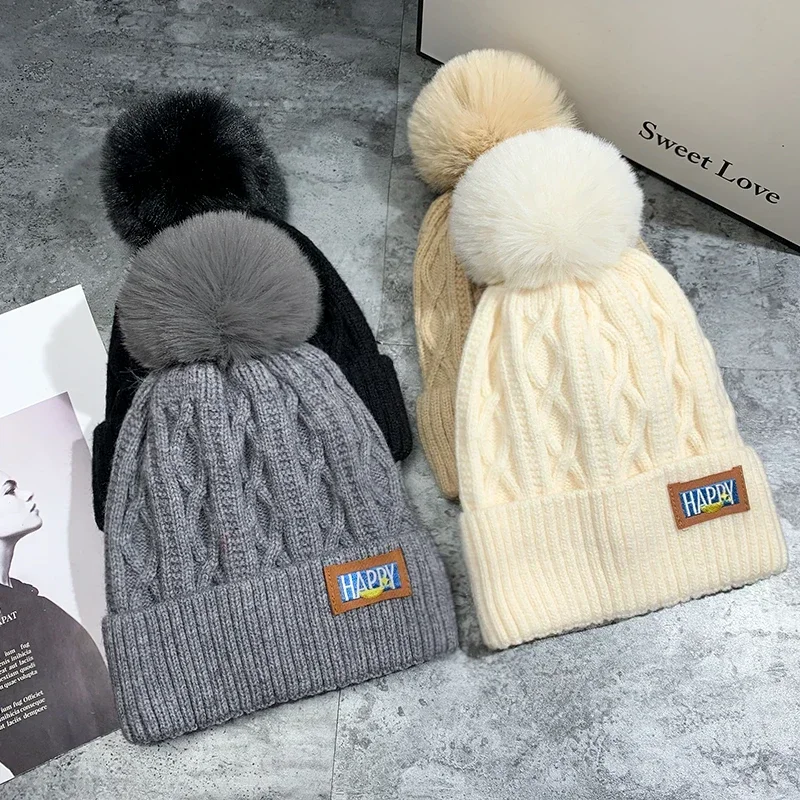 Winter Warm Female Fur Pom Poms Hat Winter Hat for Women Girl \'s Cap Knitted Classic Beanies Cap Hats Thick Women Skullies