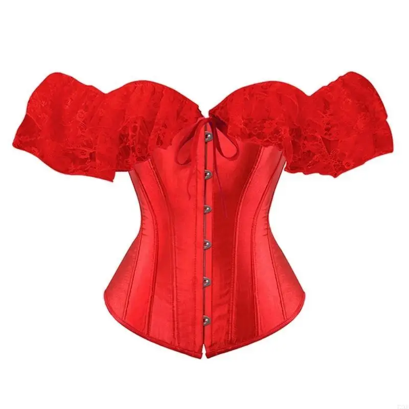 72xe รูปแบบภาษาฝรั่งเศส Waspie Victorian Lace Sleeves Crop Top Overbust Laceup Tied Corset