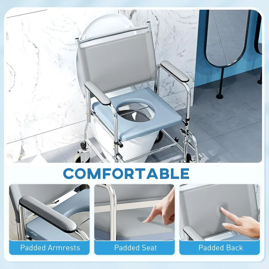 3 in 1 Shower Commode Wheelchair with 4 Lockable Wheels, Bedside Commode Chair with Arms, Footrests, Detachable Bucket, for Seni