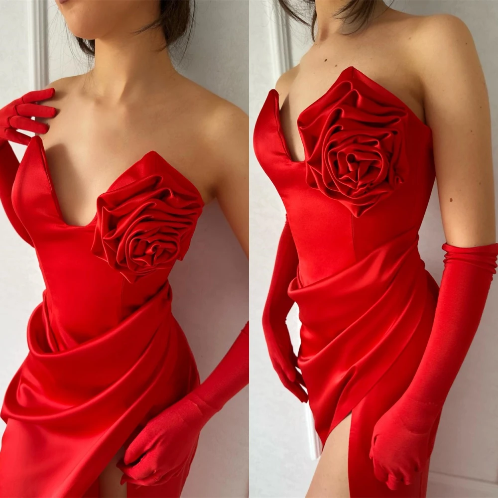 

Customized Elegant Red Satin Evening Dress High Quality Strapless Sleeveless Homecoming Dresses Modern Special Occasion Gowns