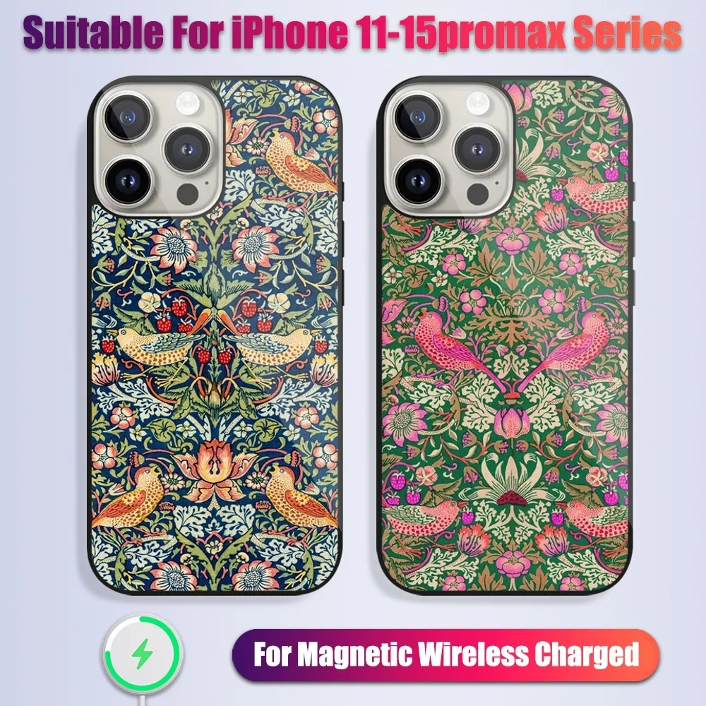 Art W-William Morris Luxury Phone Case For iPhone 13 14 15 11 12 Pro Max Plus Glass Charging Magsafe Magnetic Cover