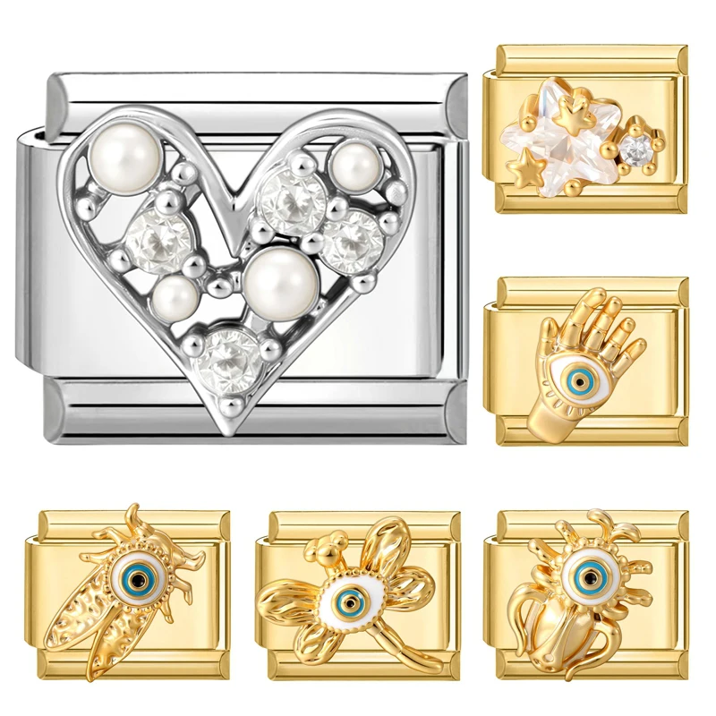 New Eyes Butterfly Heart Crown Gold Color Zircon Italian Charm Link Fit 9mm Bracelet Fashion Stainless Steel DIY Making Jewelry