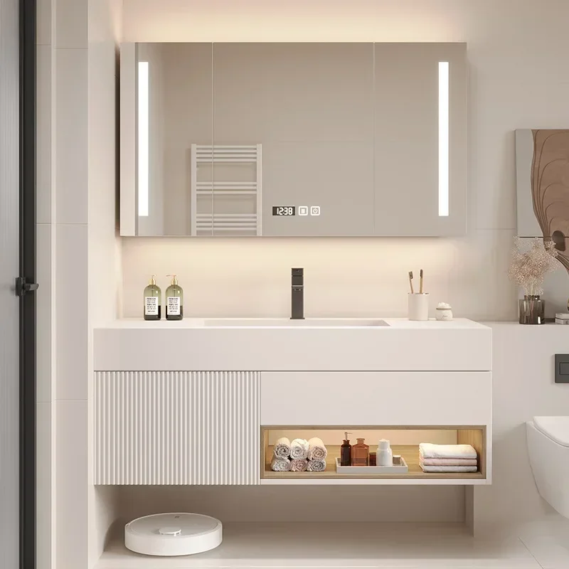 Simple Modern Bathroom Vanity Combo Rock Plate Integrated Bathroom Cabinet Washbasin Smart Light Mirror Cabinet