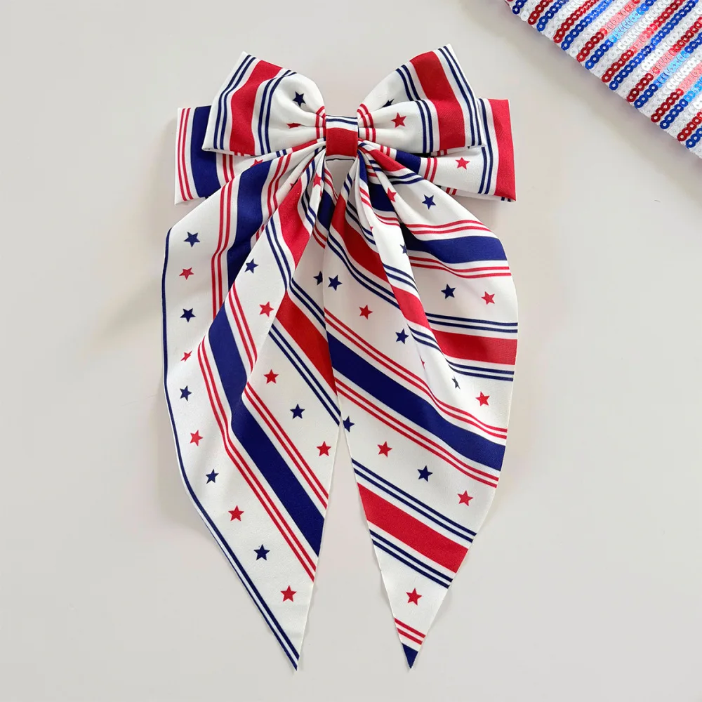 Patriotic Themed Spring Hair Barrette Star Stripe Ribbon Bow Festive Holiday Styling Accessory For Celebratory Party Event
