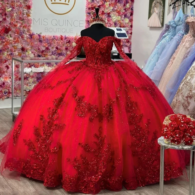 Customized Red Glitter Quinceanera Dress Ball Gown Lace Applique Beading Crystal Long Sleeve Sweet 16 Vestidos De 15 Años YQD718